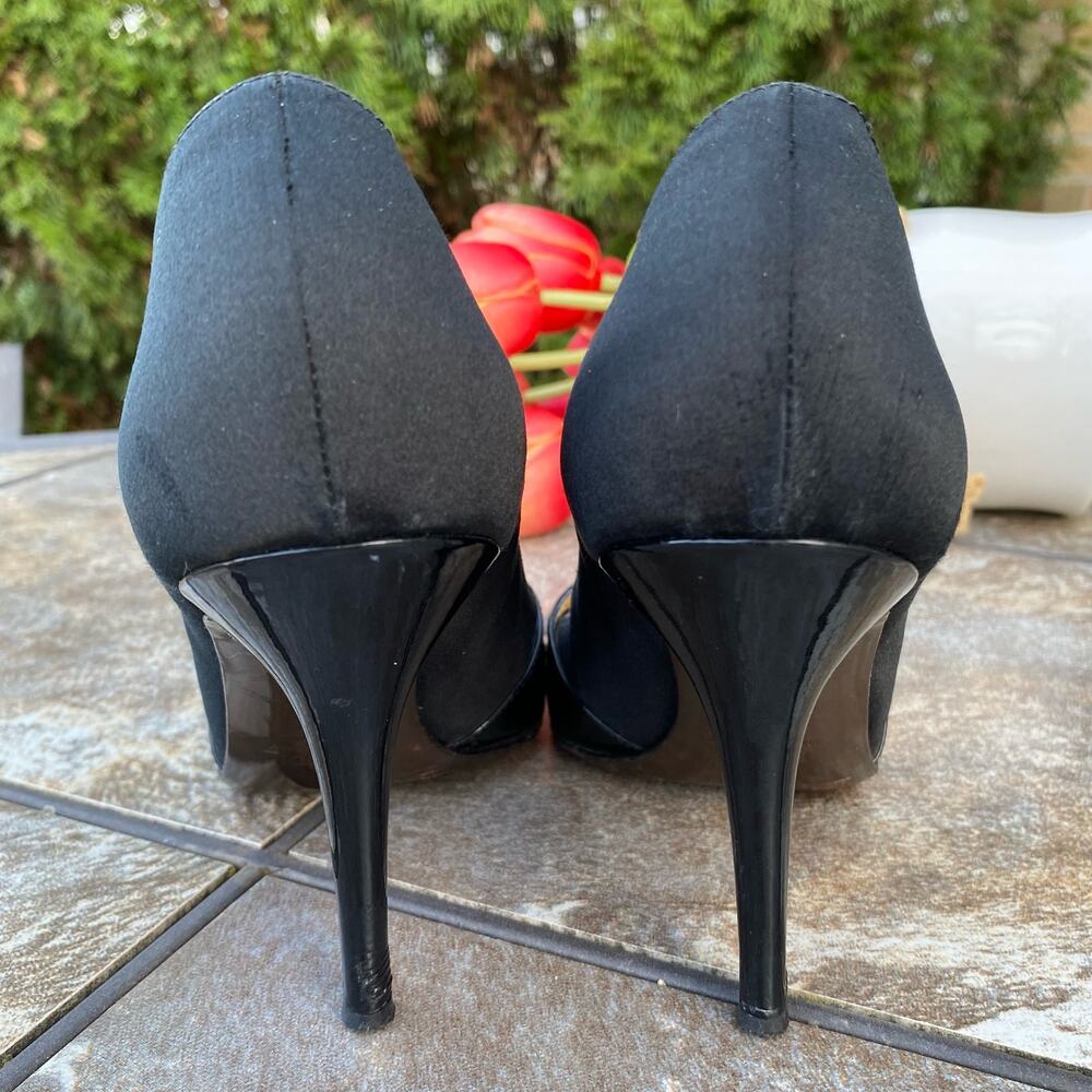 Fendi Black Satin & Patent Leather Stiletto Pumps Size 8.5 Luxury - Picture 5 of 9